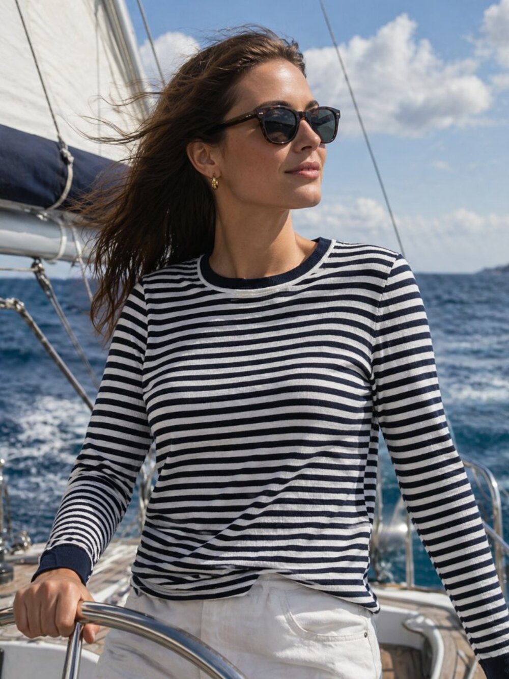 MICHAEL KORS Women's Sweater White Blue Strip Nautical Sailing Logo Size Large